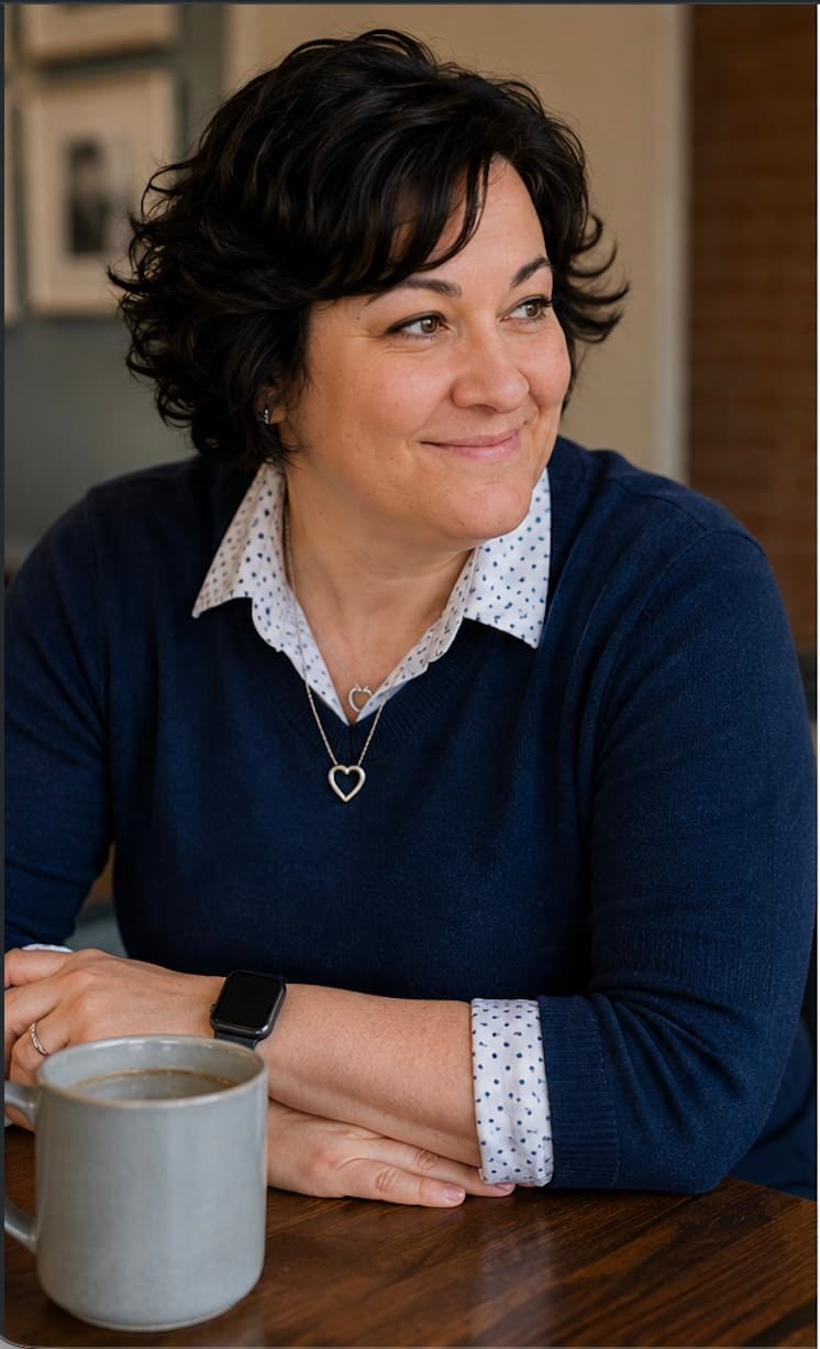 Caitlin Cloyd seated at a table with a coffee mug